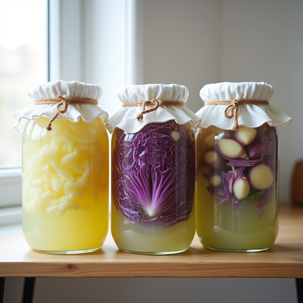 Fermentiergläser mit Sauerkraut und Gemüse auf Küchenablage mit Naturlicht