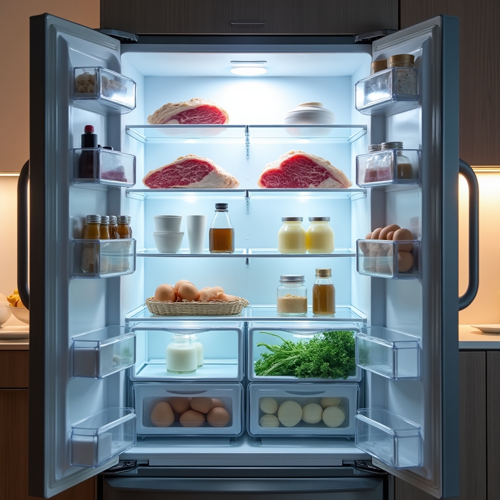 Geöffneter Kühlschrank mit beschrifteten Temperaturzonen