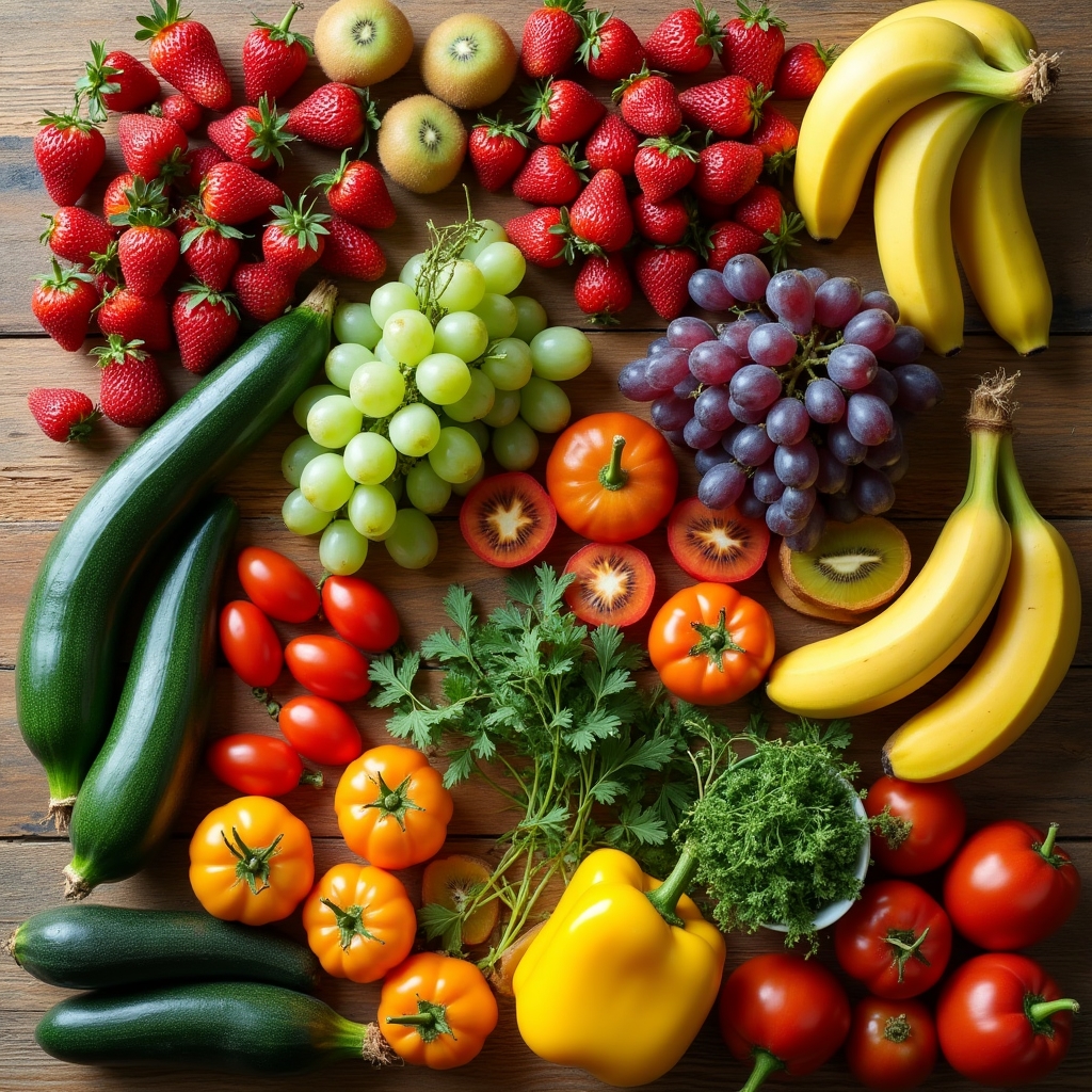 Verschiedene Obst- und Gemüsesorten frisch und bunt auf Holztisch